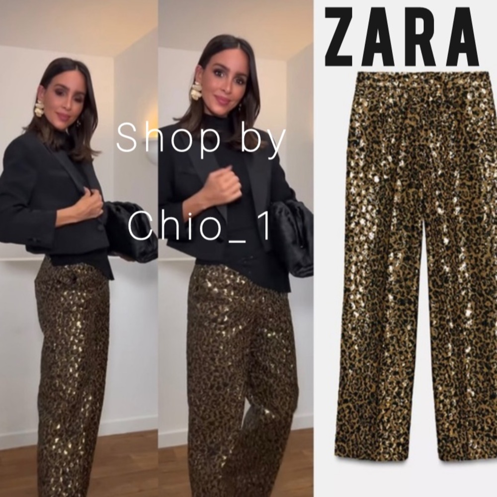 ZARA Animal Leopard Print Sequin Straight Leg Pants bloggers favorite